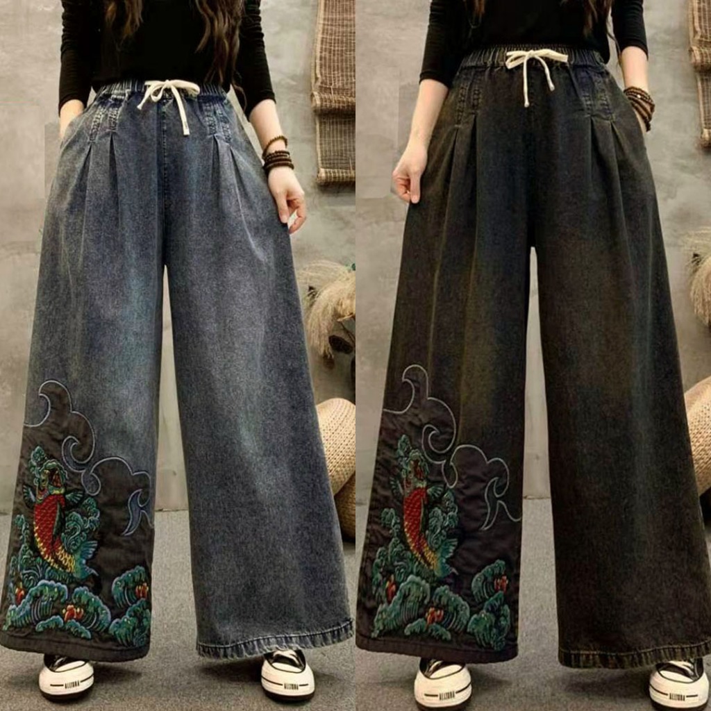 CELANA KULOT JEANS BIRU HITAM PANJANG MAXI HEM BORDIR WAVE & KOI KOREA IMPORT
