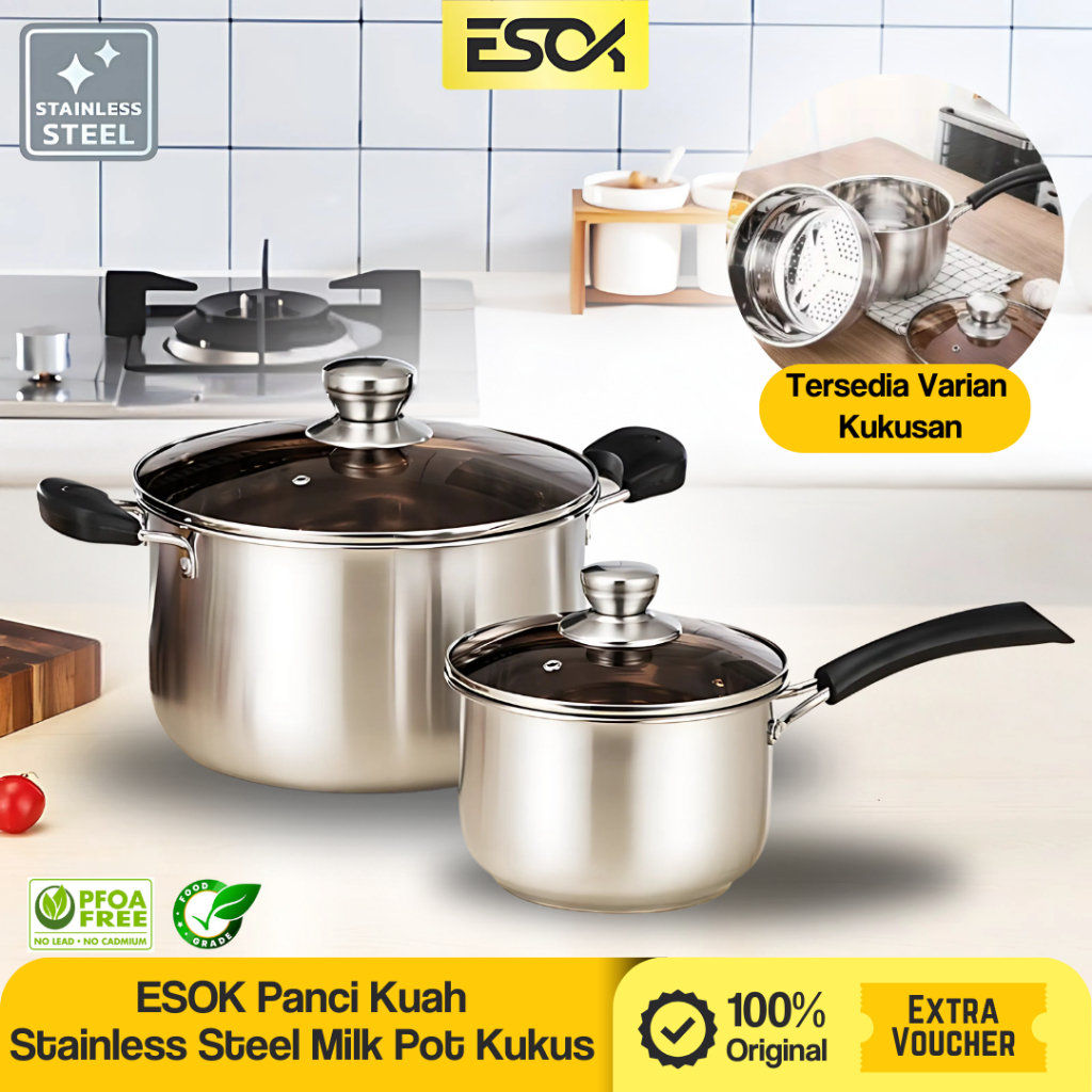 ESOK Panci Sup / Panci Susu Stainless Steel Panci Steam Kukus Tutupan Kaca