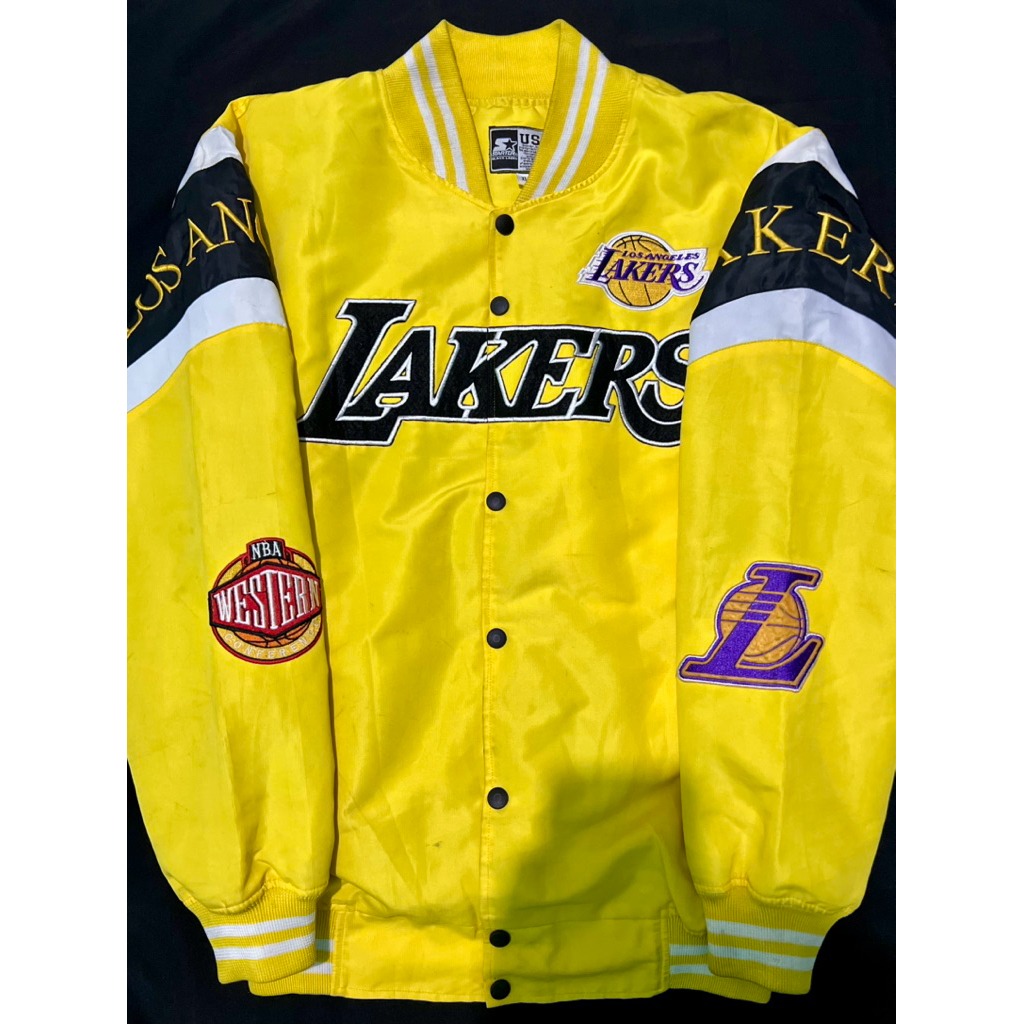 Jaket Varsity Pria Los Angeles Lakers Yellow Bordir Casual Vintage