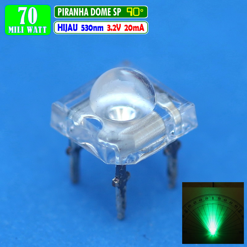 Led Piranha Superflux Dome Hijau 520nm 530nm 90 Derajat 5mm Green 4 Kaki 2500 mcd Satuan
