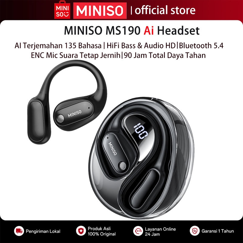 MINISO MS190 Original Headset Bluetooth BT5.4 AI Terjemahan 135 Bahasa ENC True Wireless Earphones