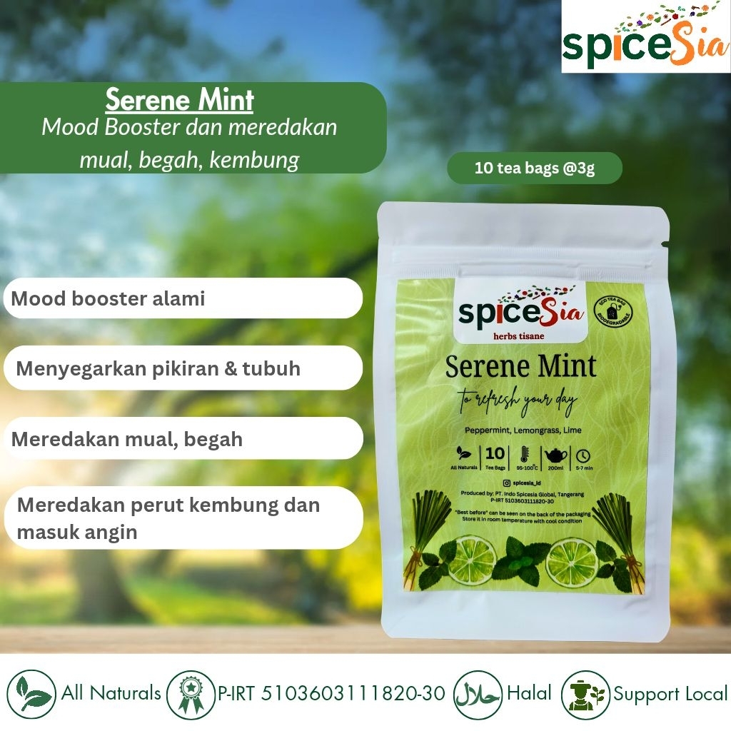 

SPICESIA Serene Mint - Tisane Herbal Peppermint, Serai, Lemon | Teh Mood Booster dan Anti Mual | Teh Celup Instan 10 tea bag