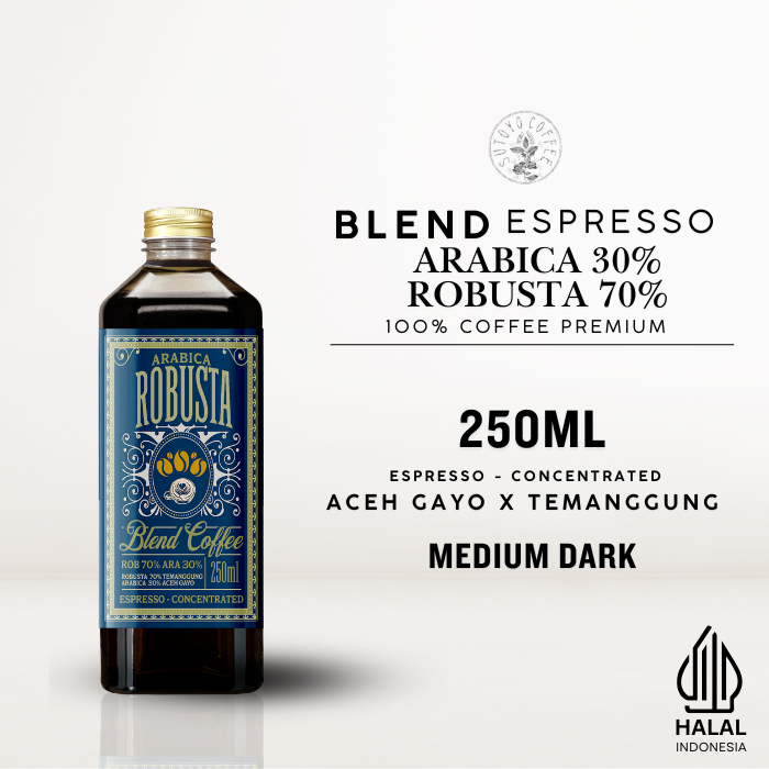 

Kopi Konsentrat Kopi Blend Arabika 30% Robusta 70% Espresso Cair 250 ML | Konsentrat Kopi Espresso | Es kopi susu | americano| Temanggung | Aceh gayo | Medium Dark Roast - Sutoyo coffee