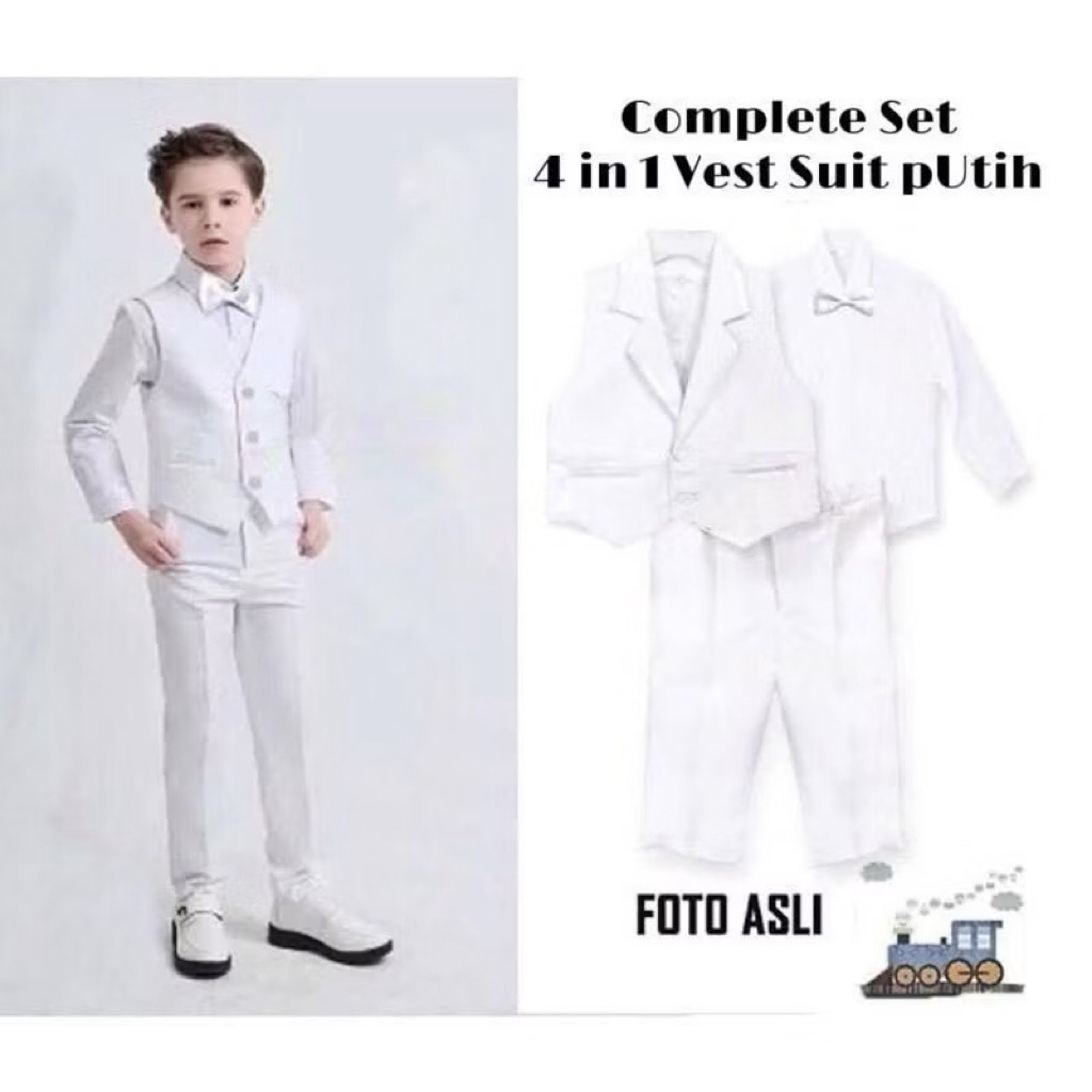 SETELAN JAS MODEL ROMPI VEST 0-13 TAHUN KOMPLIT SET 4 IN 1 ROMPI SET PUTIH COWO / JAS PUTIH ANAK
