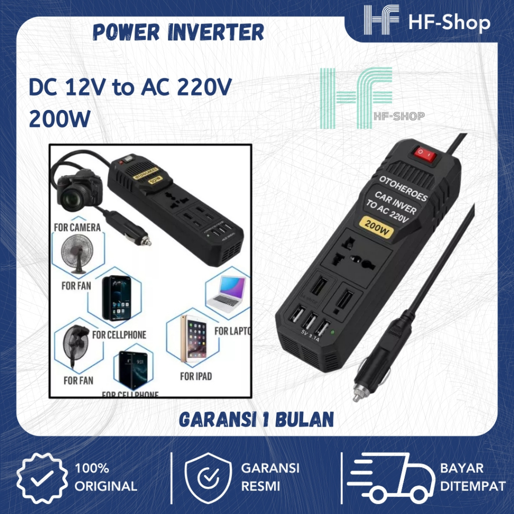 Power Inverter DC 12V to AC 220V 200W – Konverter Mobil Mini Pure Sine Wave + 4 Port USB Fast Chargi