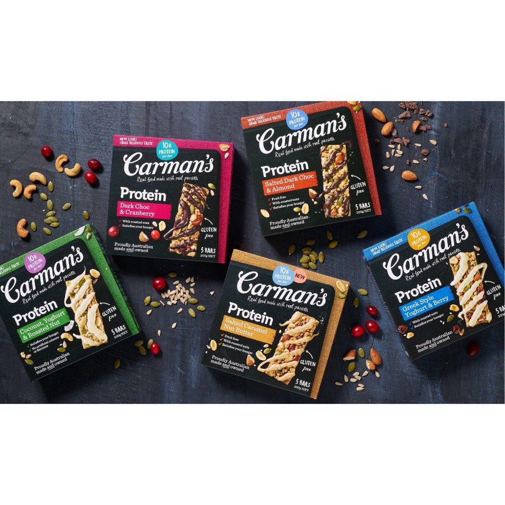 

Camilan / Snack / Makanan Ringan Impor Australia Carmans Bar Protein 200 Gr Varian Oat Slice Dark Choc & Cranberry, Greek Style Yoghurt Berry, Almond Hazelnut Vanilla, Muesli Classic Fruit & Nut