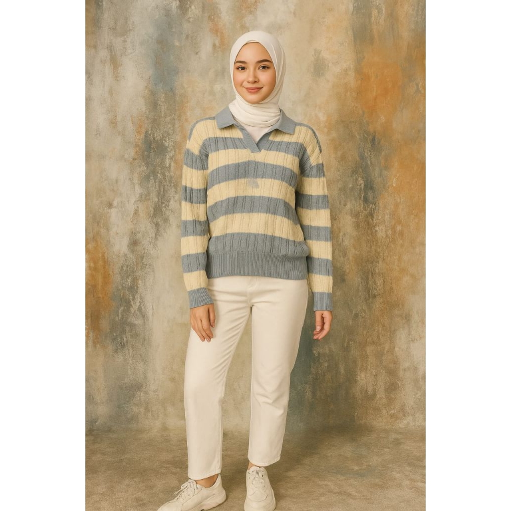 sweater kekinian rajut Stripe kerah Korea look