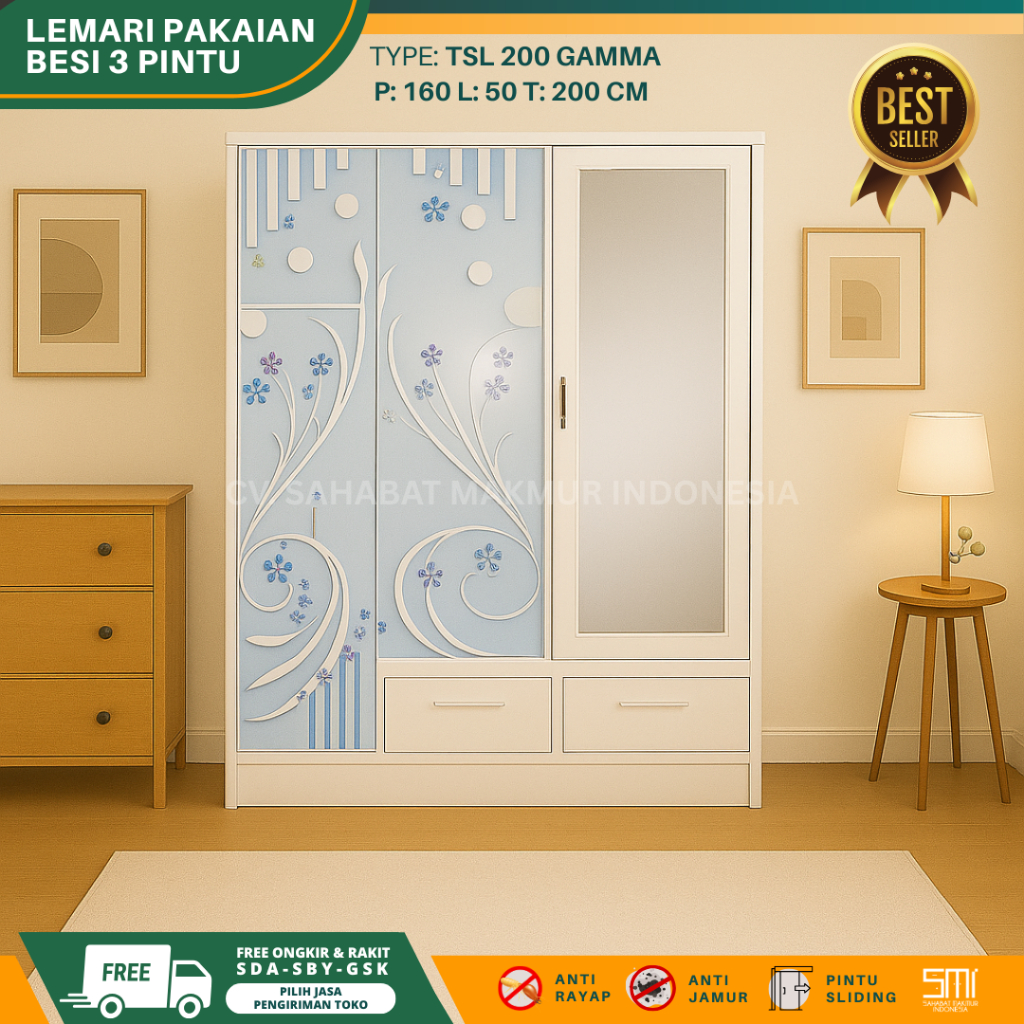 Syafa Dstore Lemari Besi 3 Pintu Jumbo Hijab - Lemari Baju Lemari Pakaian Sliding Lemari Besi Almari