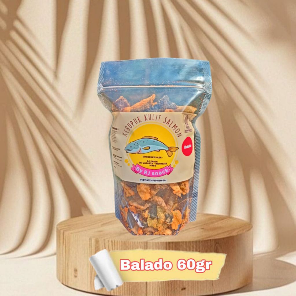 

Kerupuk Kulit Ikan Salmon Rasa Balado Pouch 60gr Keripik Snack Cemilan Enak Kulit Ikan Salmon