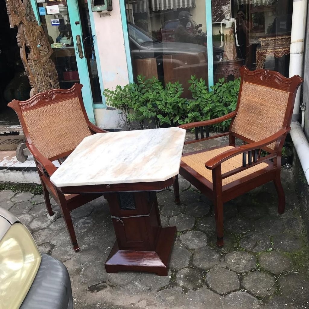 Set Meja Marmer Kursi Rotan Ukir Semarangan Kayu Jati Antik Lawas Kuno