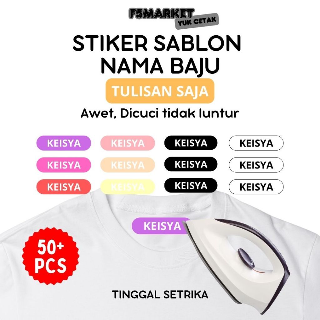 

Stiker Sablon Label Nama Baju Stiker Custom Nama Label Printing Kain / Kaos Sablon Setrika Gratis Custom Nama Isi 50+