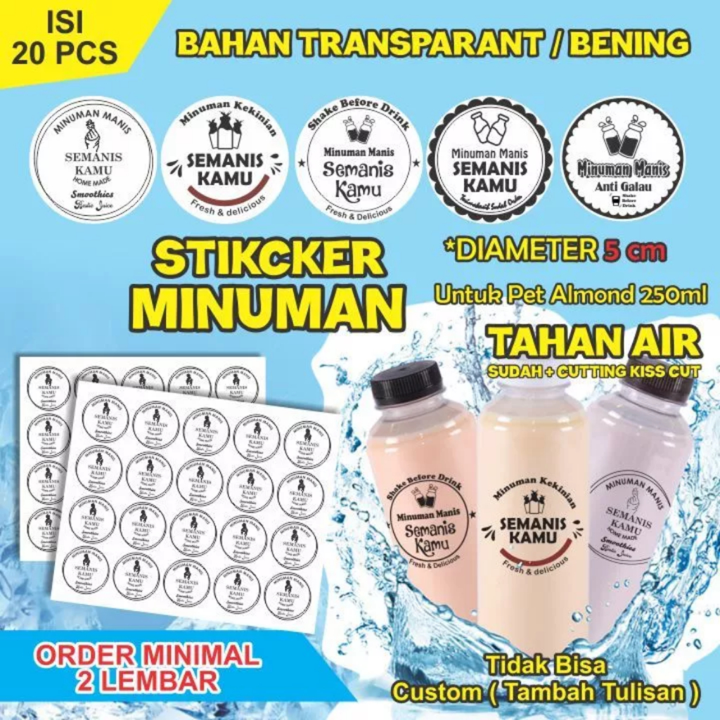 

ISI 20 PCS Sticker Minuman untuk Botol Almond 250ML bahan transparan