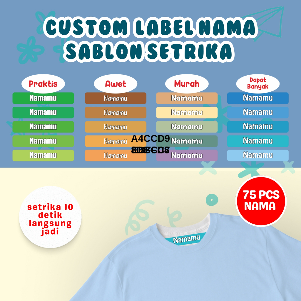 

75PCS Label Nama Baju Kain Sablon Setrika Sehari Jadi Sticker DTF Stiker Printing Anti Luntur Custom