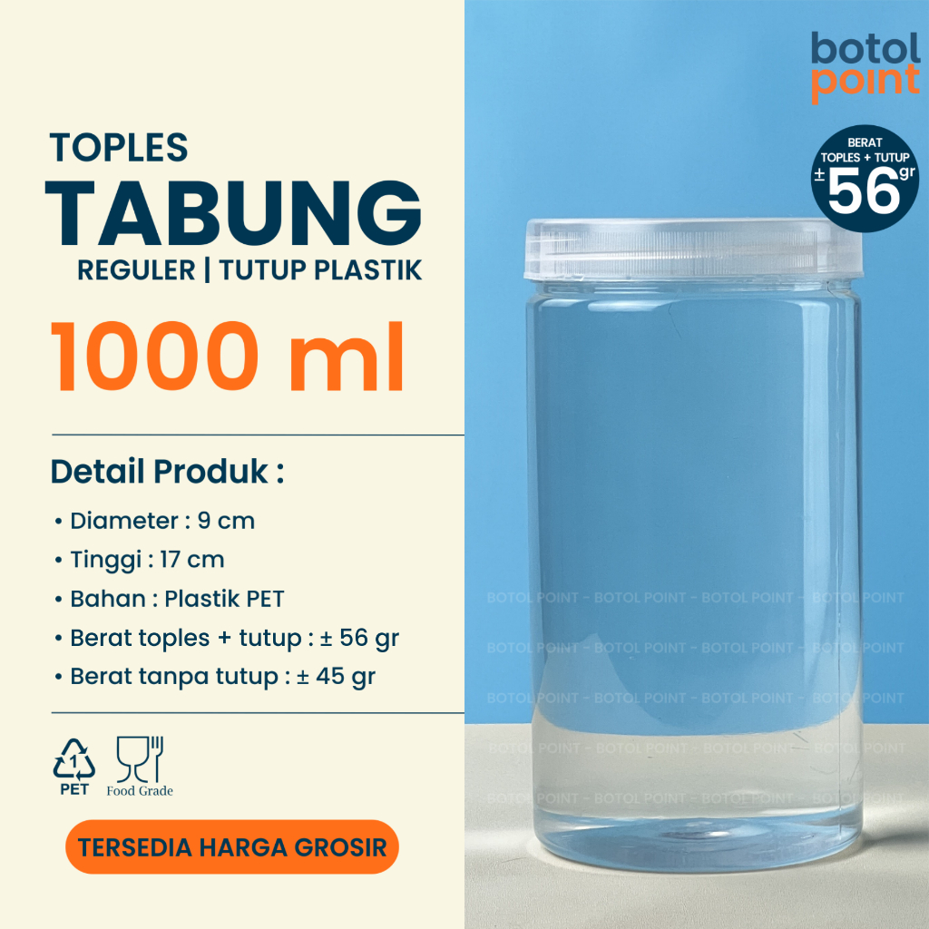 Toples Tabung 1000 ml REGULER TUTUP PLASTIK - Toples Plastik 1000ml GROSIR - Kemasan Makanan Cemilan