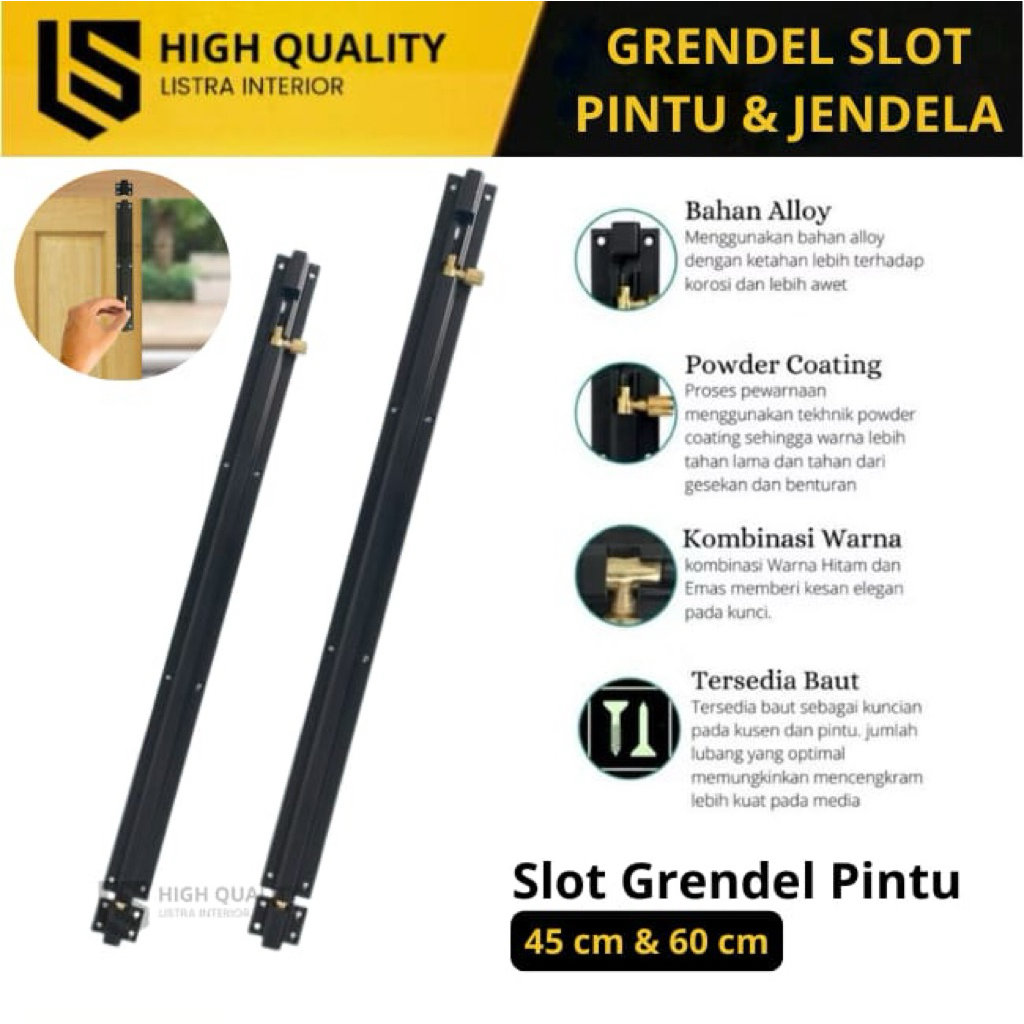 Grendel Slot Pintu Panjang 45cm dan 60cm Grendel Slot Pintu dan Jendela Hitam
