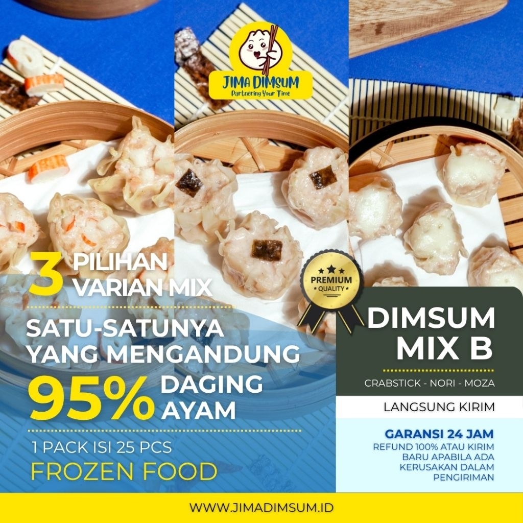 

Jima Dimsum Mix B (Crabstick, Nori, Mozarella) Frozen Food 1 pack isi 25 pcs & 15 pcs Halal Premium