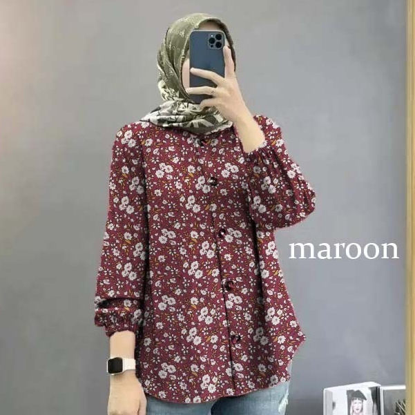 Atasan Kemeja Blouse Atasan Wanita Oversize Blus Motif Bunga Lengan Panjang