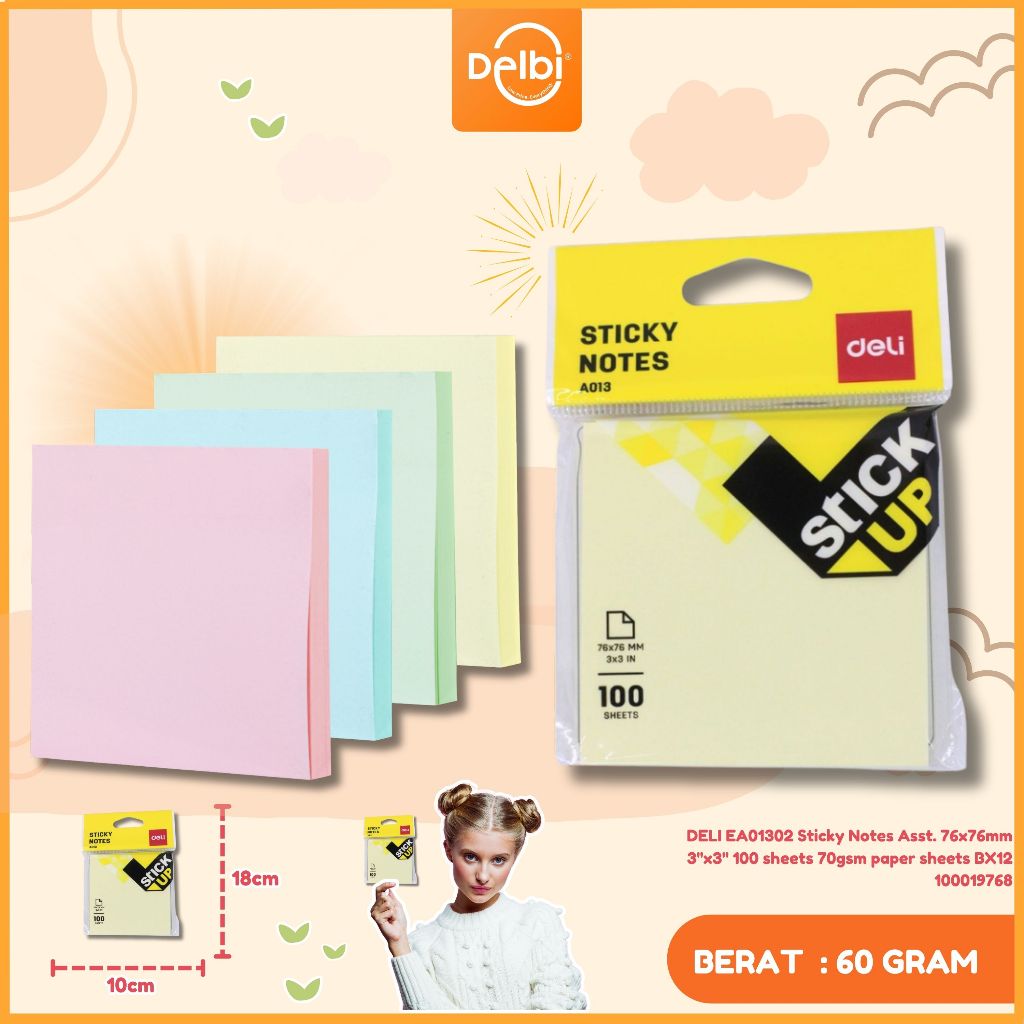 

DELI - KERTAS MEMO / STICKY NOTE / MEMO TEMPEL / POST IT A01302 PASTEL EA01302 Sticky Notes Asst. 76x76mm 3''x3'' 100 sheets 70gsm paper 100 sheets