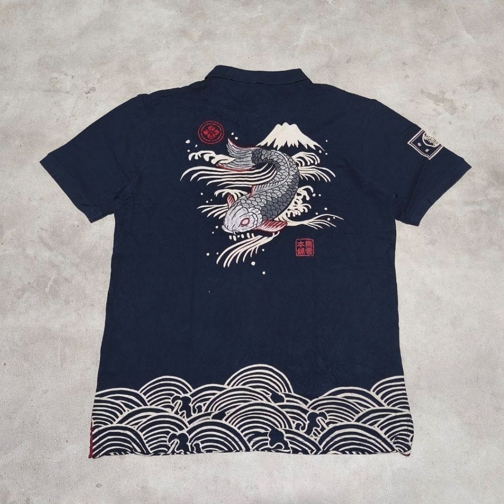 Baju kaos kerah pria sukajan koi Navy