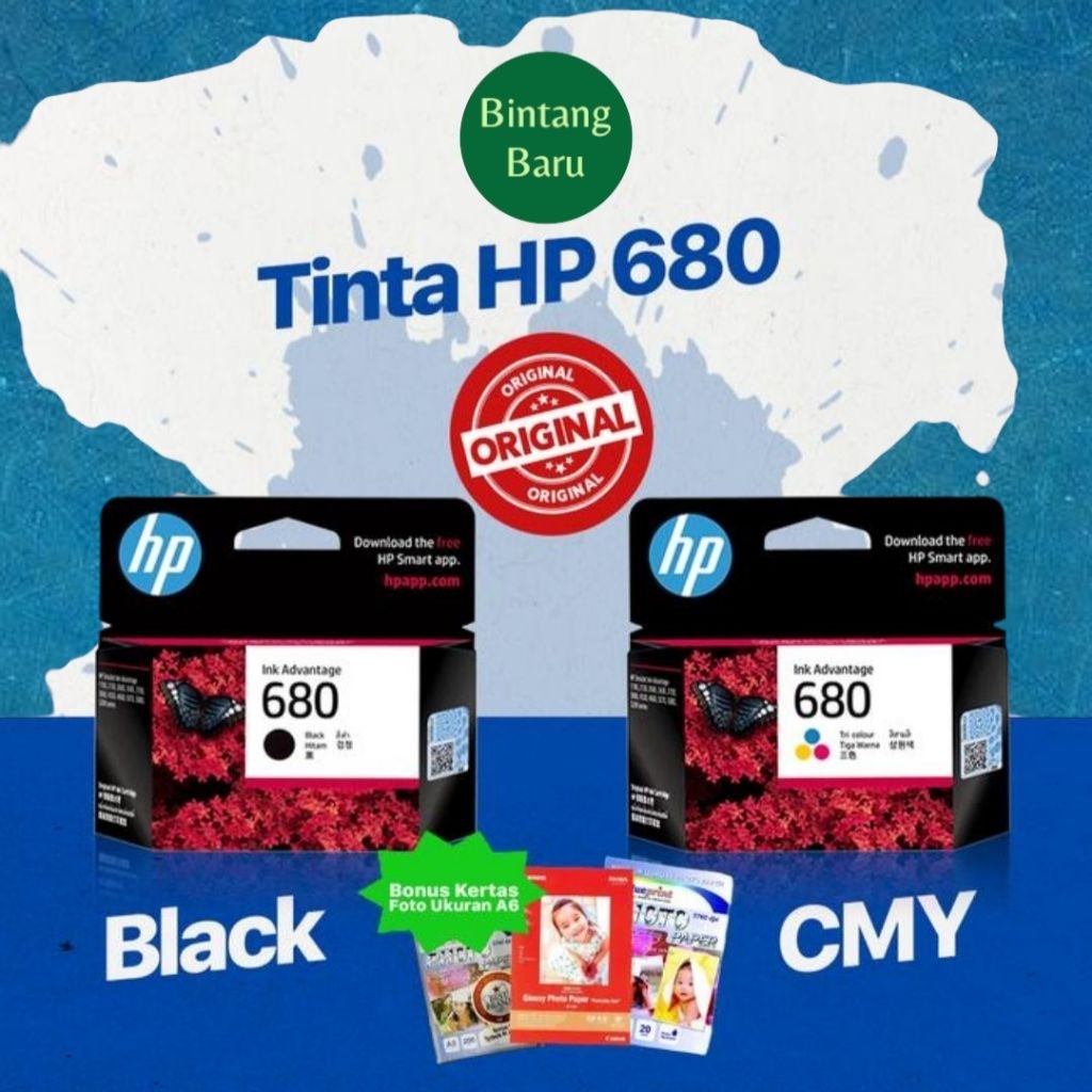 1 set cartridge HP 680 Black hitam HP 680 color tinta cartridge hp680 original BONUS KERTAS FOTO A6 