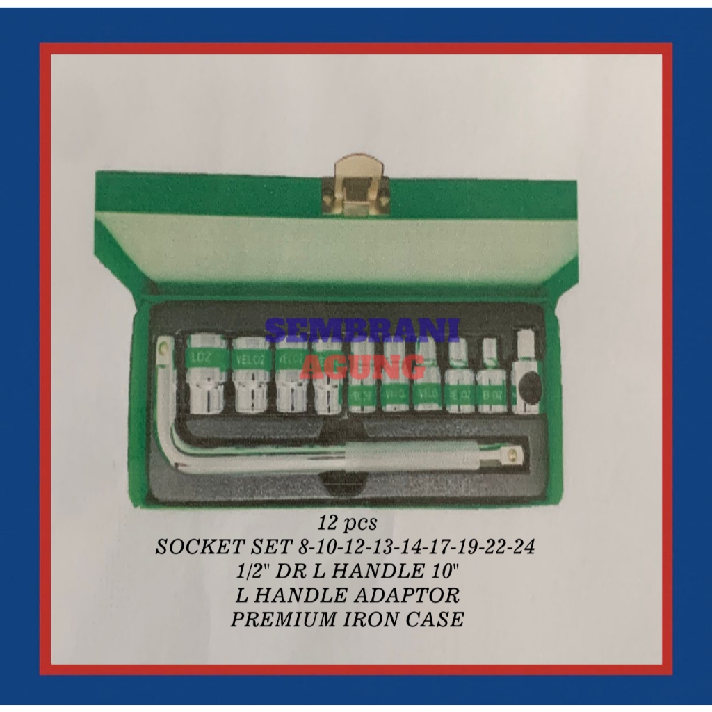 VELOZ 12 PCS MATA KUNCI SOCK/SOK 8/10/12/14/16/17/18/19/22 DRAT 1/2 SOCKET 6 PT LONG-PANJANG JAPAN I