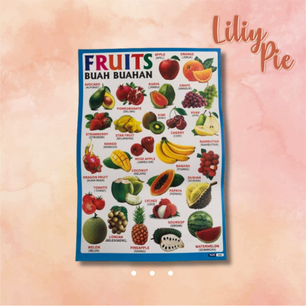 POSTER EDUKASI BUAH-BUAHAN • Belajar Anak Balita Bayi Cowok Cewek Pria Tempelam Dinding Kertas Tulis