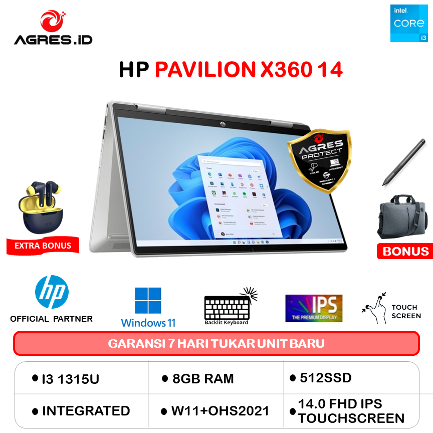 HP PAVILION X360 14 TOUCH CORE 3 100U 8GB 512GB W11+OHS 14.0FHD IPS BLIT PEN 2Y+ADP SLV -EK2123TU