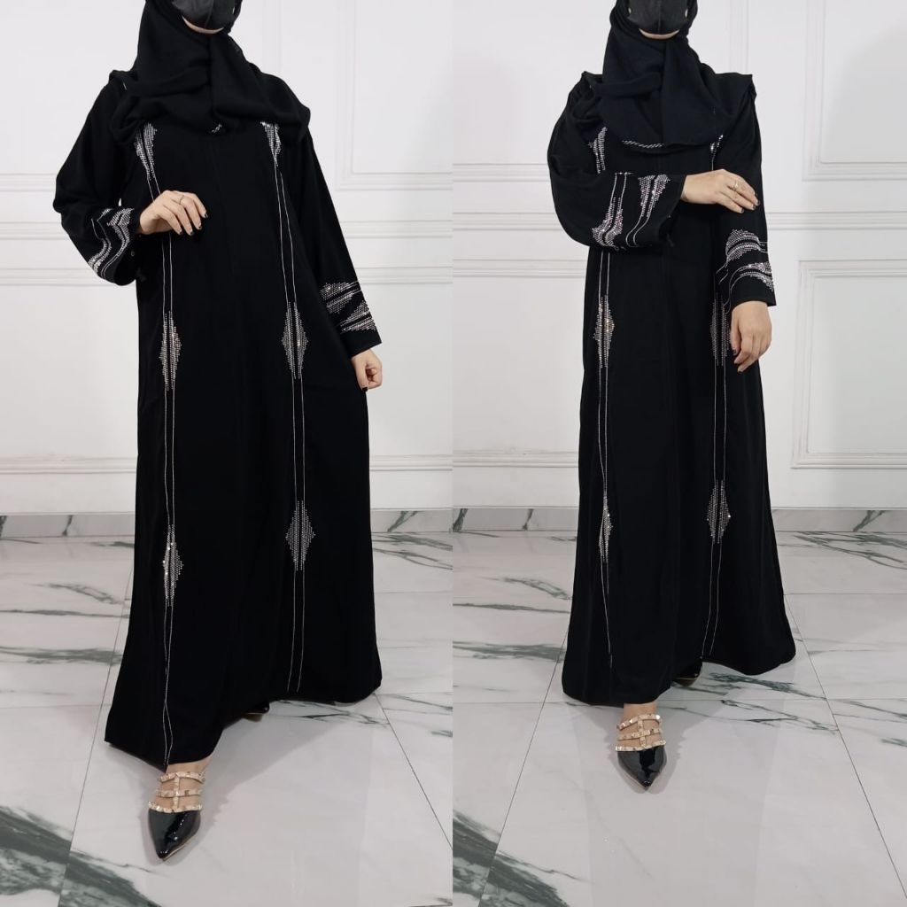 Abaya Jetblack Saudi Swaroski Mewah Best Seller Hitam Maxy Dress Busana Wanita Muslim Murah Baju Per