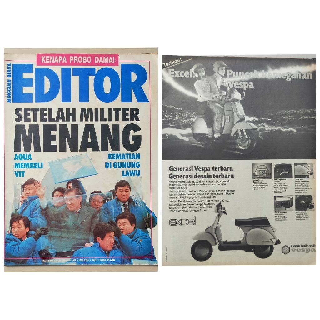 Majalah Editor 26 Desember 1987 - Iklan Vespa Excel - LB Moerdani - iklan Mazda Capella