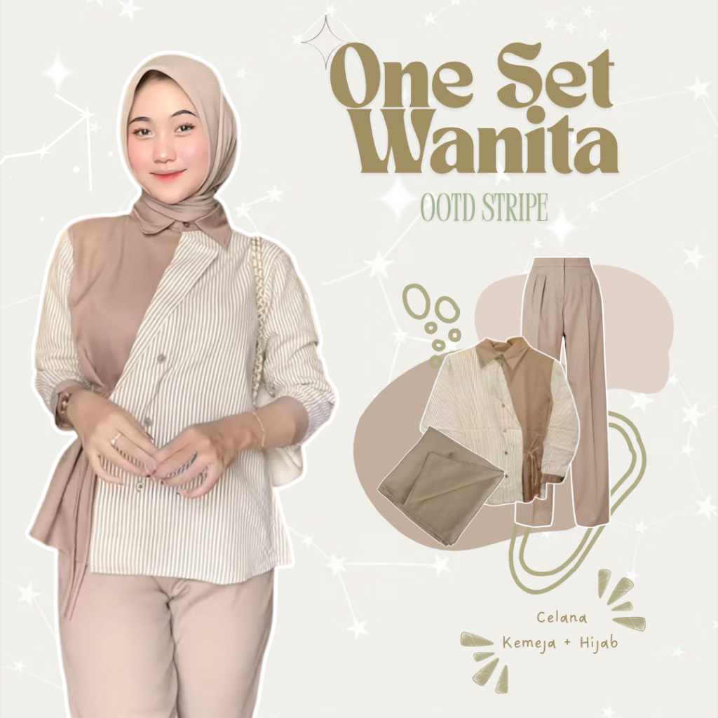 One Set Wanita Hijab OOTD Stripe Kemeja Salur, Celana Cringkle, Hijab Paris Outfit Kuliah Kerja KJ33