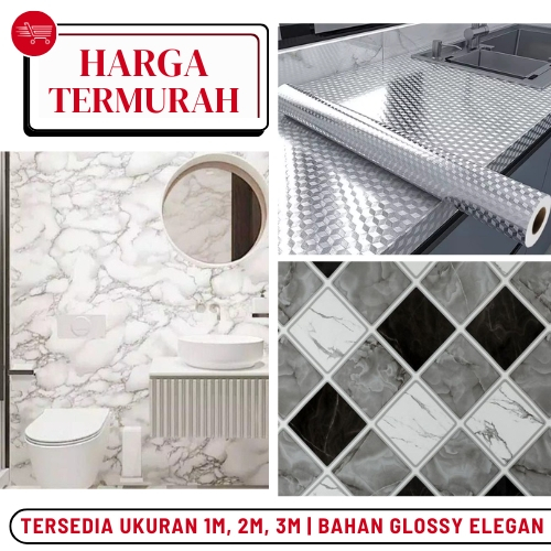 Wallsticker Wallpaper Marmer Dinding Pintu Tembok Kamar Mandi White Wave Marbel Mengkilap Anti Air