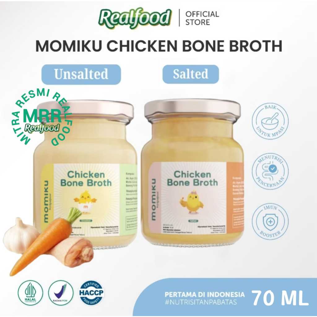 

Realfood Momiku Chicken Bone Broth Salted & Unsalted Rasa Asin Dan Tawar ( Minuman Mpasi Kaldu Ayam ) MRR