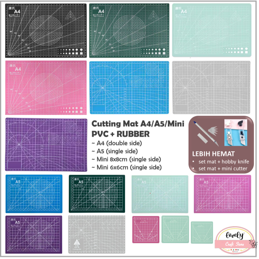

Lovelycraft Lebih Hemat Set Cutting Mat + Mini Cutter / Hobby Knife, Pvc Rubber Mat, Mini Mat 8X8Cm