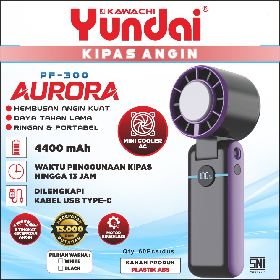 Kawachi X Yundai PF-300 Aurora - mini fan Kipas angin Mini Portable Kecepatan Tinggi, Plat Es Pendin