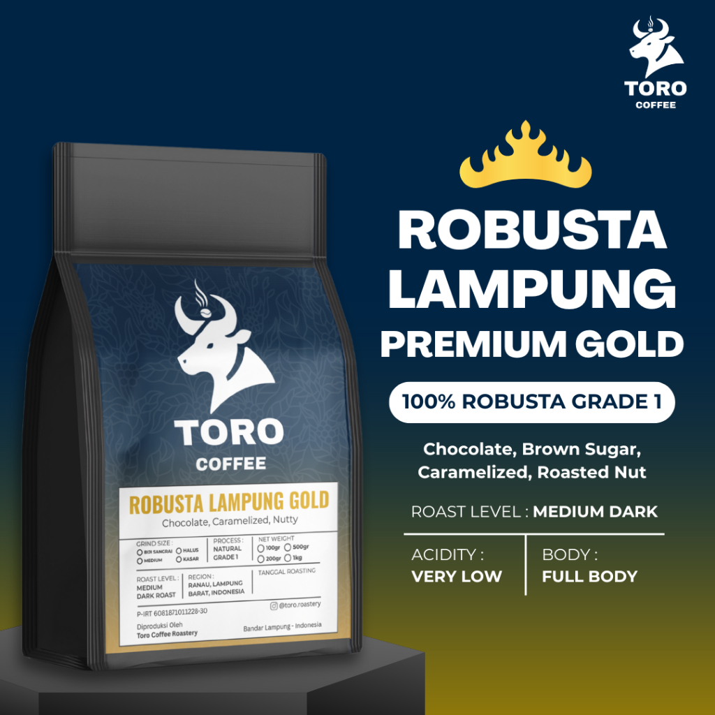 

Kopi Robusta Lampung Premium Gold by Toro Coffee (Biji Sangrai/Bubuk) Robusta Petik Merah