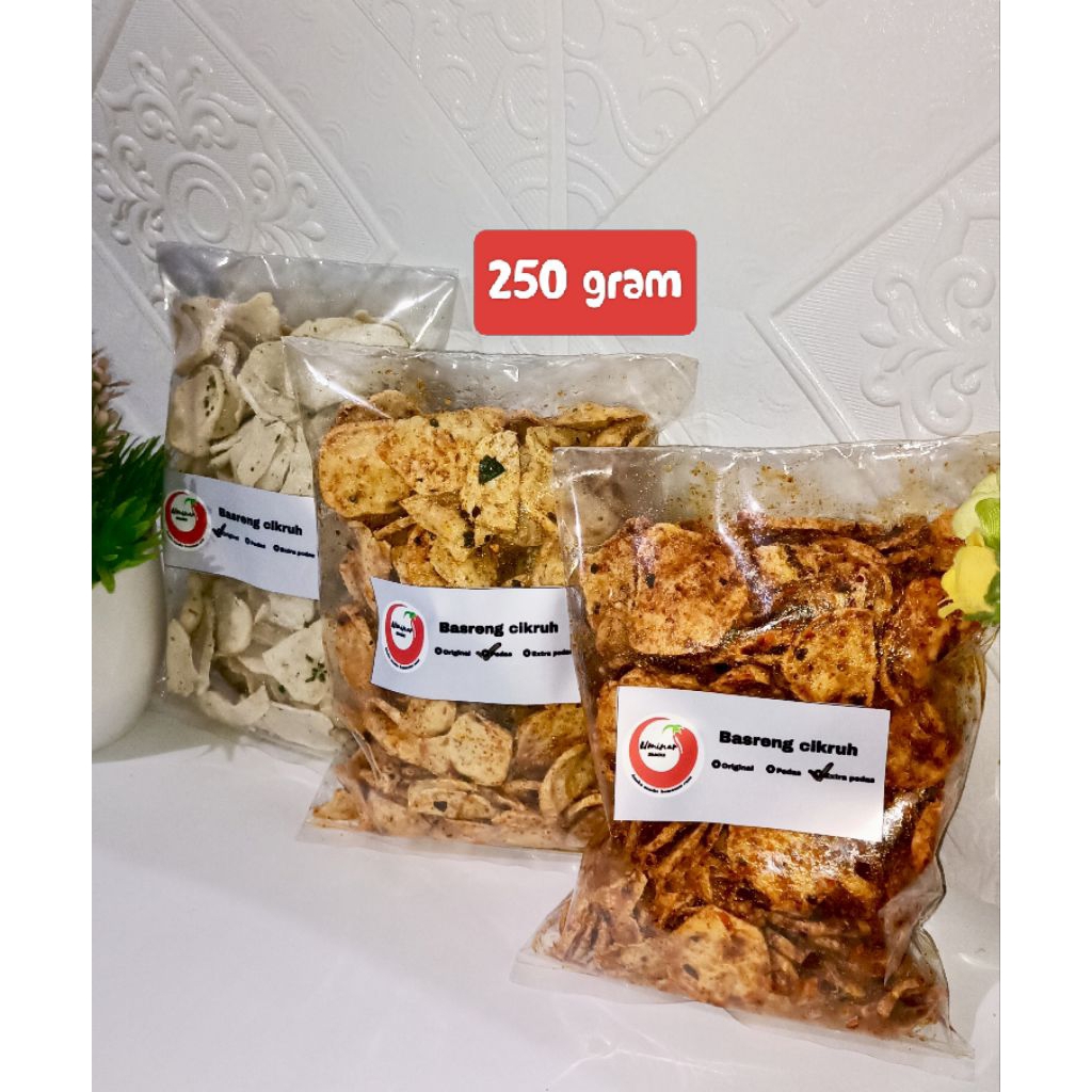 

Basreng cikruh kemasan 250gr, basreng pedas daun jeruk