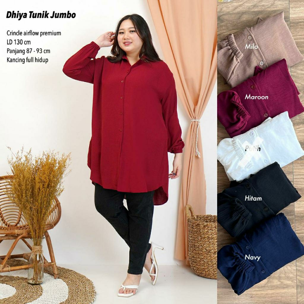 DHIYA TUNIK JUMBO / TUNIK JUMBO BIGSIZE BAHAN CRINKLE NYAMAN/ BASIC TUNIK POLOS LD  130/ ATASAN WANI