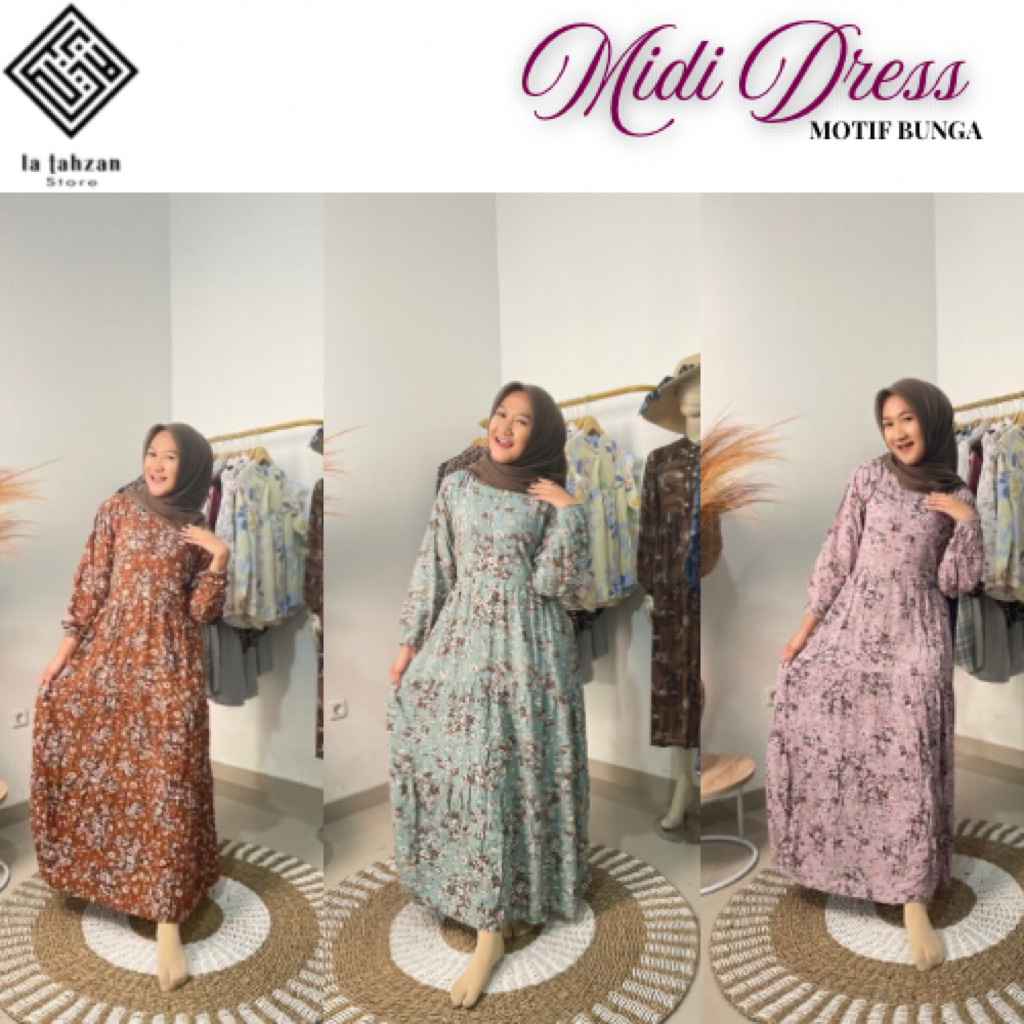 Gamis Midi Dress motif Bunga La Tahzan