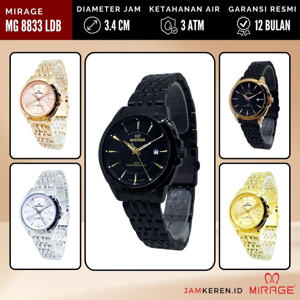 Mirage - Jam Wanita Elegan Mewah - Jam Tangan Mirage Wanita  - Jam Mirage 8833 LD Original 100%