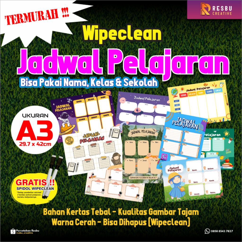 

Poster Jadwal Pelajaran Sekolah Wipe Clean TEBAL Class Schedule Time Table