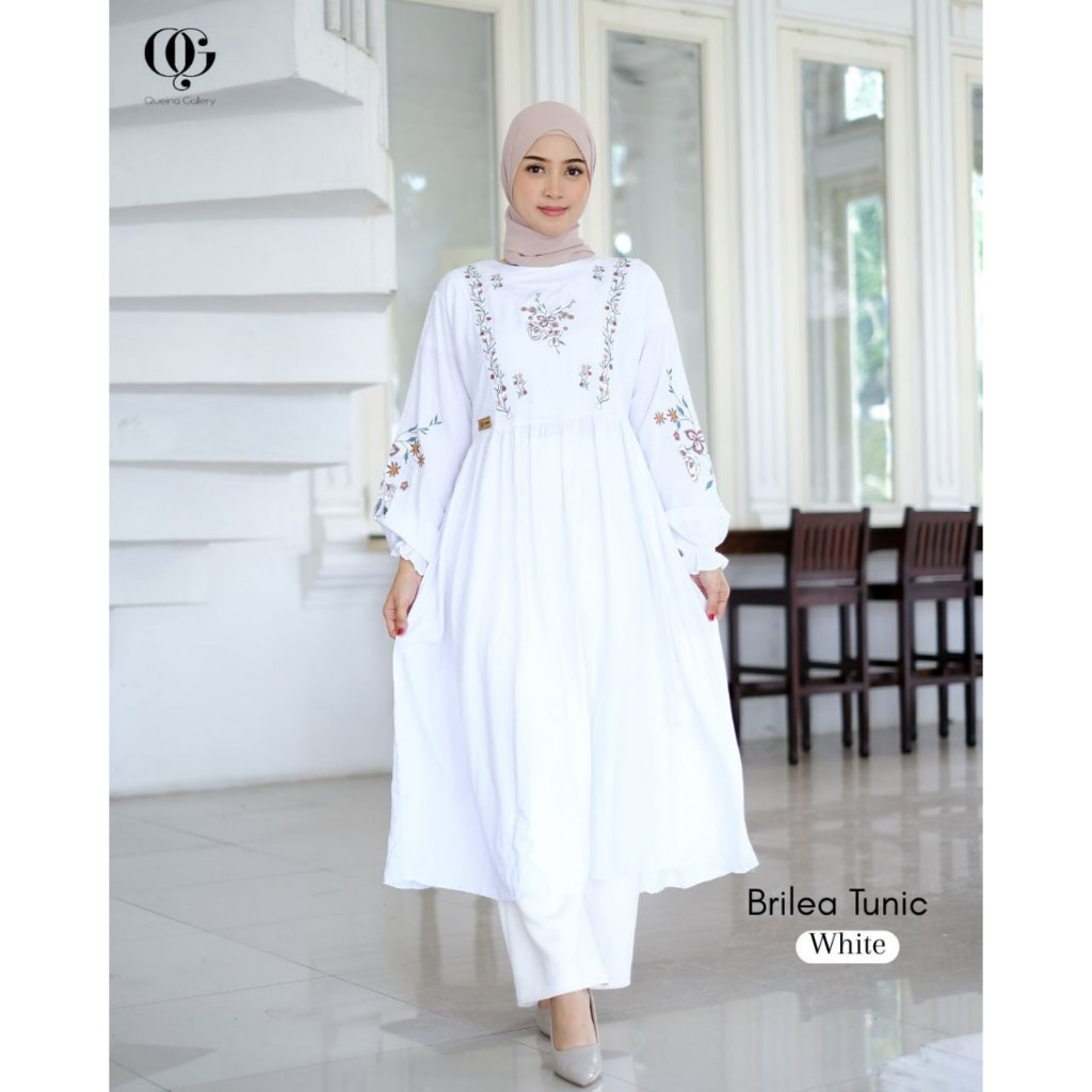 Tunik Long Rayon Twill Premium Atasan Wanita Long Tunik Terbaru Kombinasi Bordir Brilea Tunik Queina