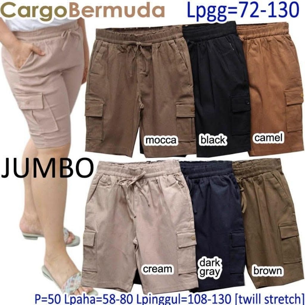 Cargo Bermuda CELANA PENDEK WANITA BAHAN MELAR JUMBO BIG SIZE FIT 38