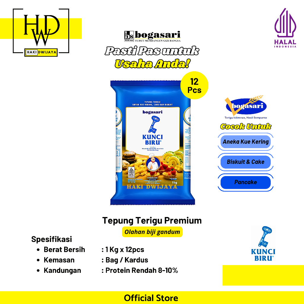 

Bogasari Kunci Biru Tepung Terigu Premium Protein Rendah Cocok untuk Gorengan, Biskuit & Kue Kering 1Kg x 12pcs