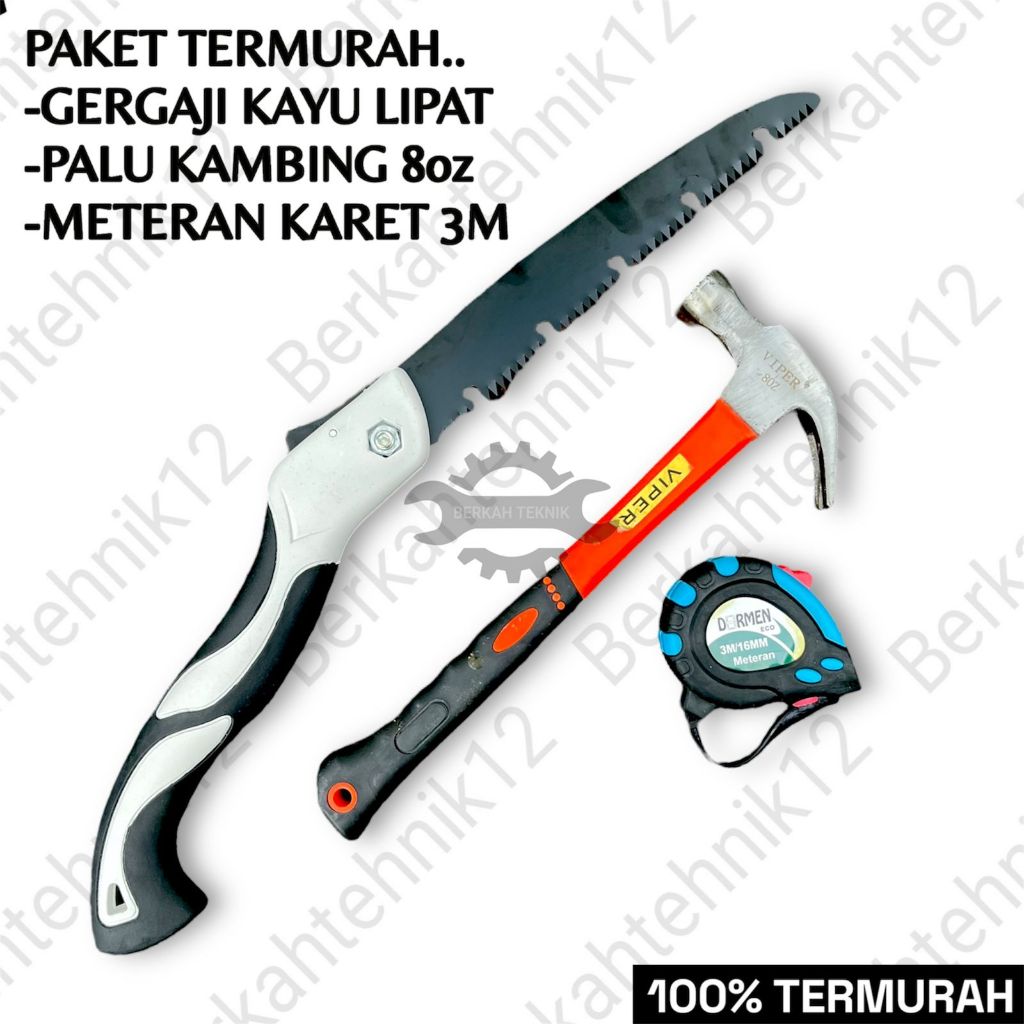 Paket Murah Gergaji Kayu Gagang ABS Sudah Asah / Gergaji Tukang Meteran 3Meter Karet Palu Kambing 8o