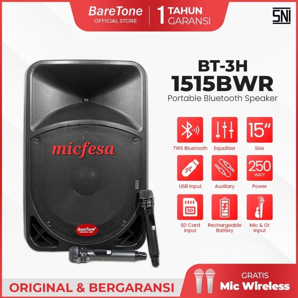 BARETONE Speaker Portable 15inch BT-3H1515 BWR 250Watt (Instan Chat Admin)