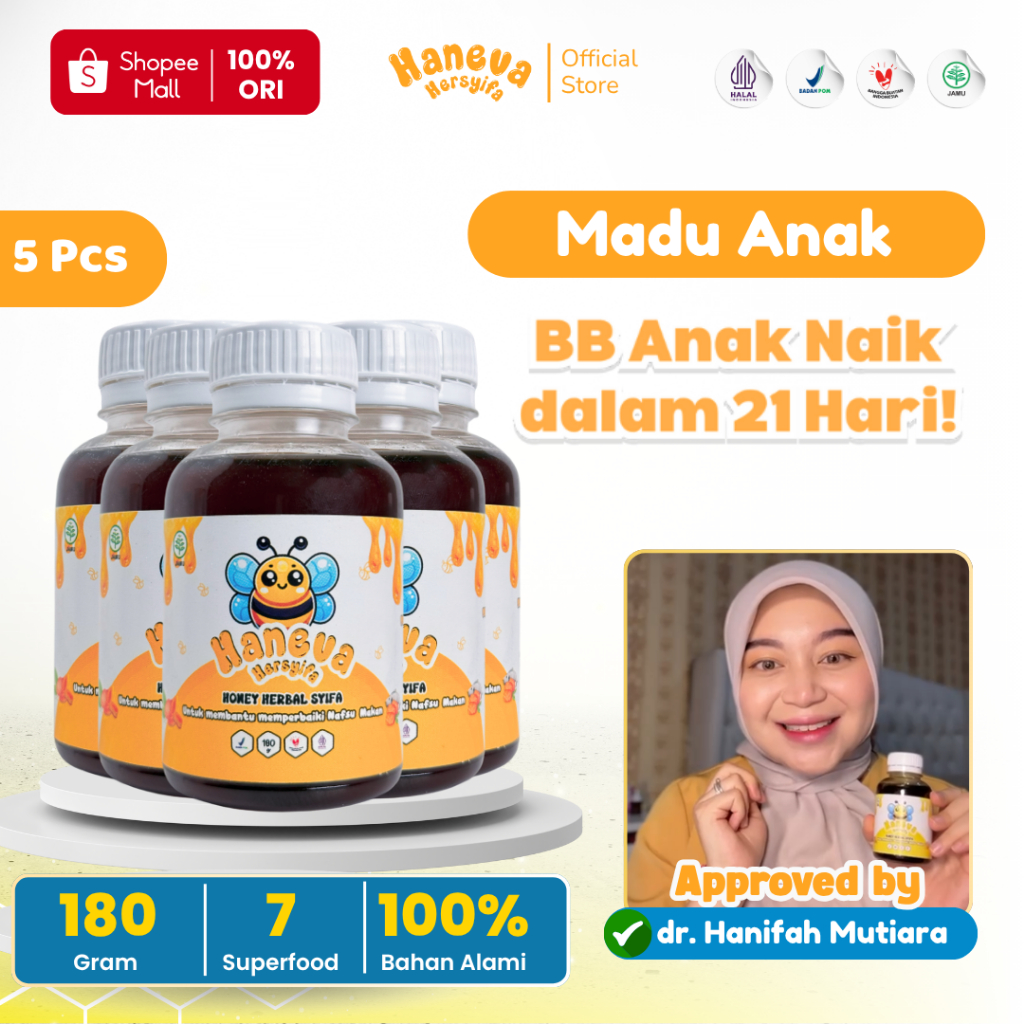 

HANEVA HERSYIFA - Madu Penggemuk Badan Anak - 2 Thn Keatas | BPOM dan Halal MUI Isi 5 Pcs