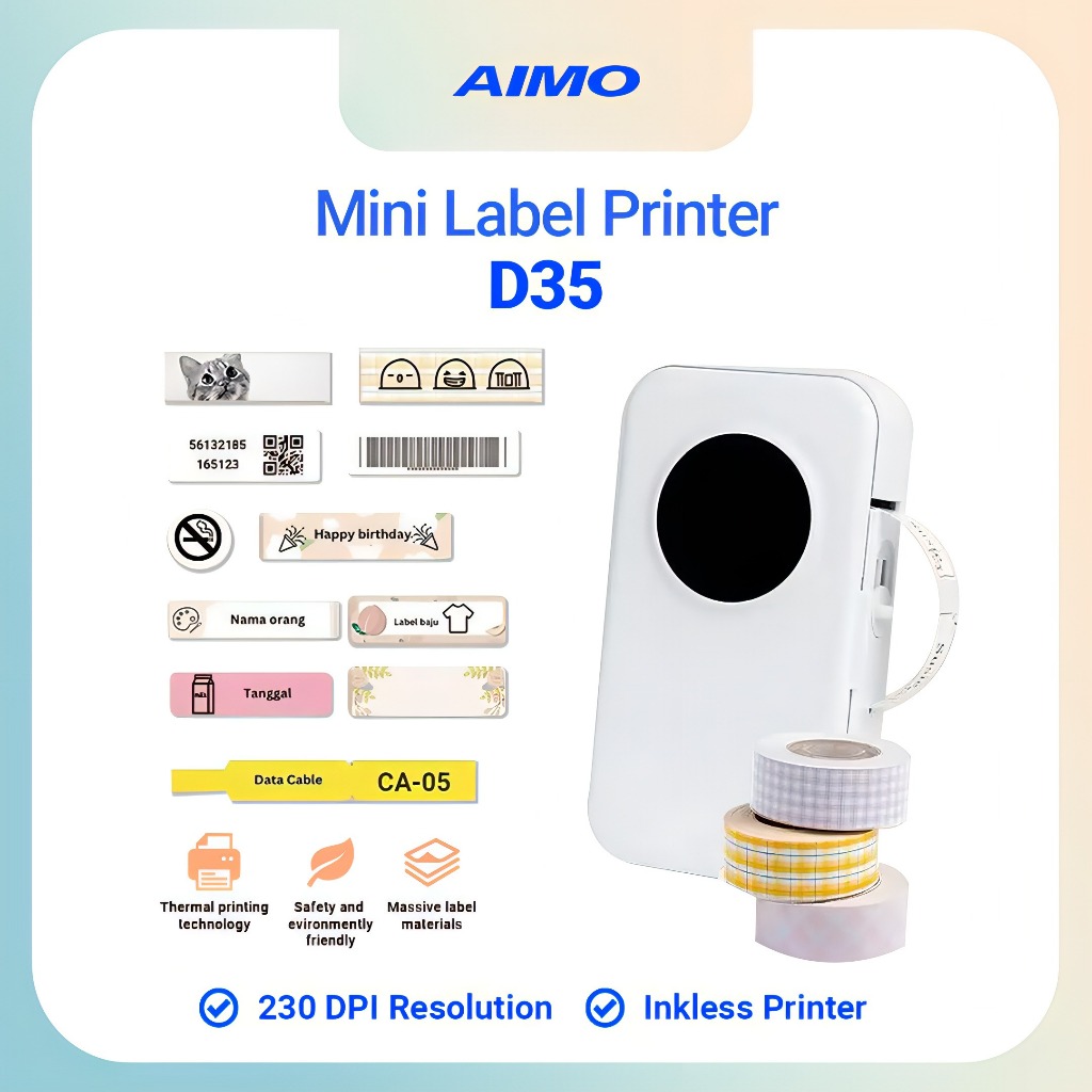 

AIMO D35 Smart Label Pocket Thermal Printer Wireless Bluetooth Portable Mini Printer Pencetak Label Barcode Inkless Tanpa Tinta <15 mm