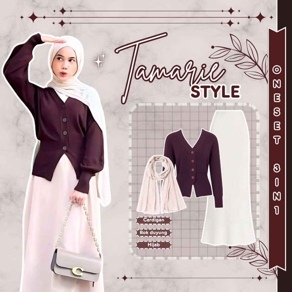 Tamarie - Cardigan Rajut, Rok, Hijab - Set 3 in 1 - Oneset Wanita - Outfit Hangout - OOTD Kuliah