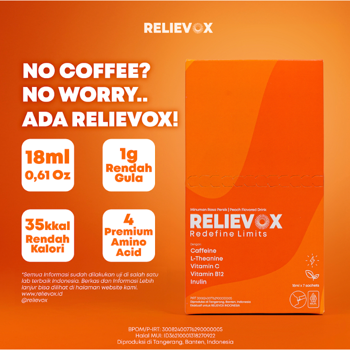 

3 Sachet RELIEVOX! No Coffee, No worry – 18ml Sachet Siap Minum – Caffeine, L-Theanine, Vitamin C & B Kompleks dengan Stevia