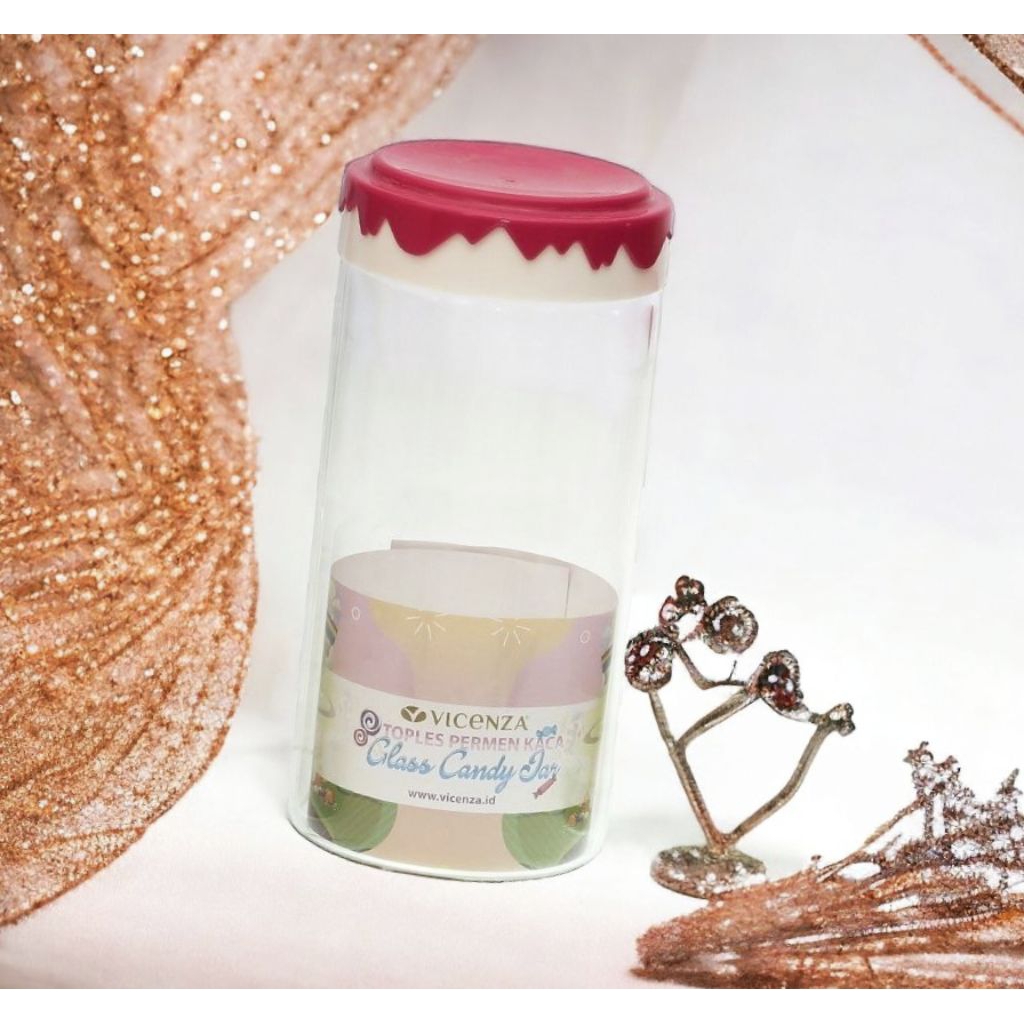 Toples VICENZA, Toples permen kaca GB473 MERAH dilengkapi tutup, tinggi 18,5 cm, kapasitas 1400 ml, 